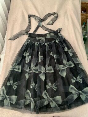 Kimchi Blue Black Tulle Midi Skirt with Mint Bow Pattern